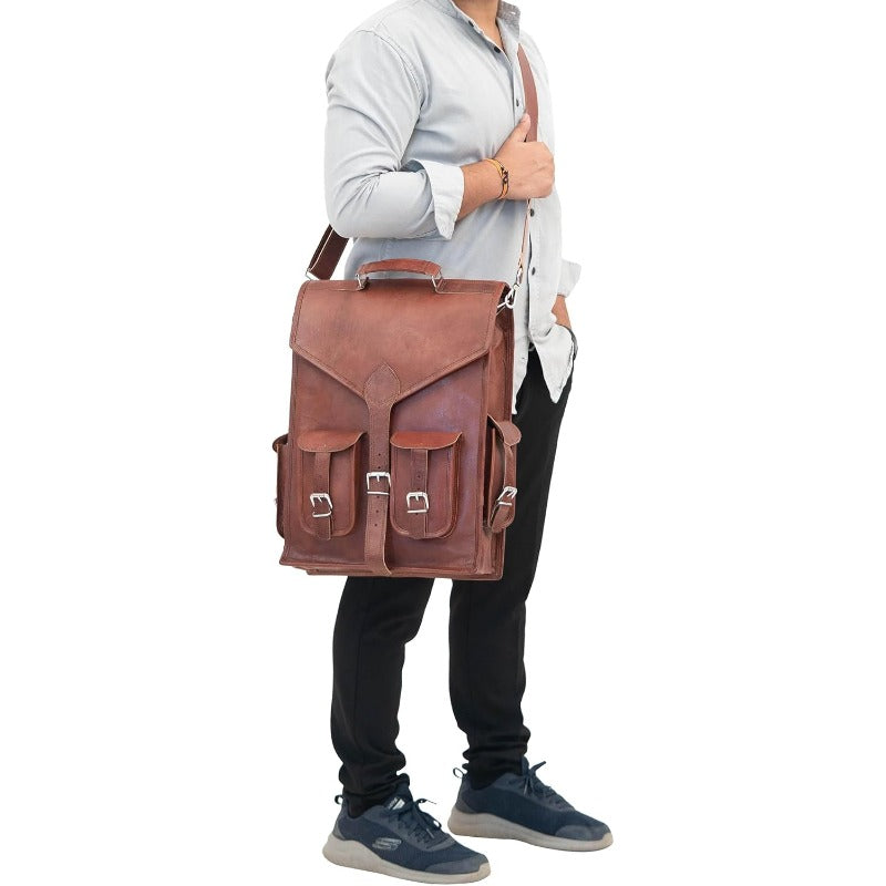16 Leather Backpack, Lightweight Messenger Bag for Laptops, Rucksack Sling Bag for Men, Dimensions 12 (W) X 16 (H), in Brown Color