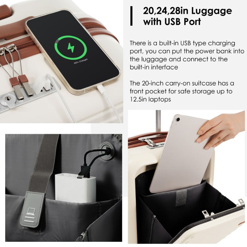 4pcs Luggage Set with USB Charging Ports - 20in Carry-On (Front-Opening for Laptop) 28in Checked Suitcase with TSA Lock Travel Duffel Bag Wet-Dry Toiletry Bag