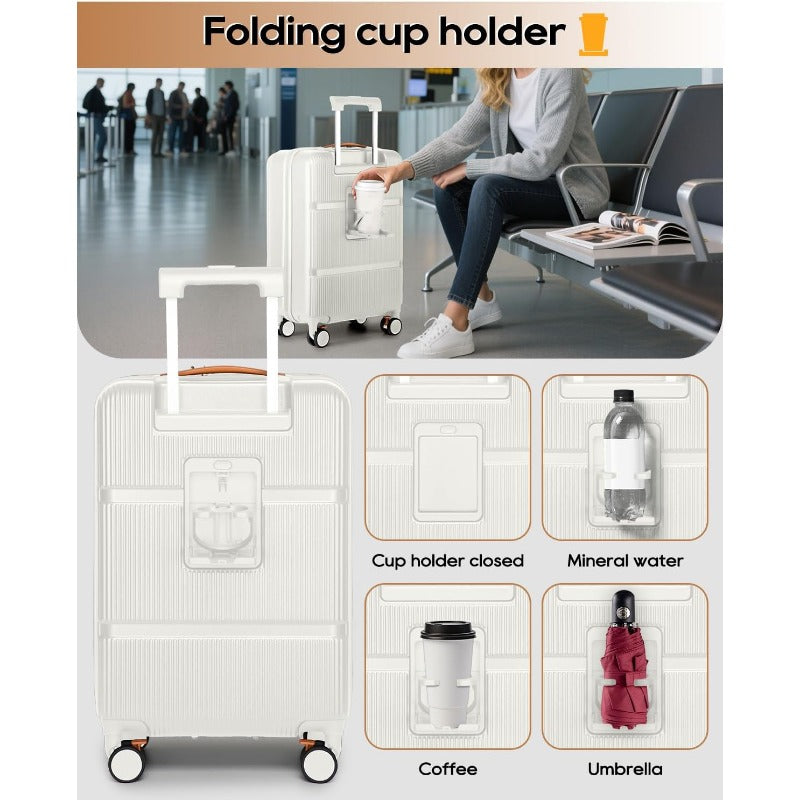 Airline Approved Carry-On Luggage with TSA, Hardside ABS Suitcase, Front Pocket & Cup Holder, Spinner Wheels & Braking System, Laptop Compartment - Lightweight Travel Airplane Compatible for Men & Women (White) 20 Inch