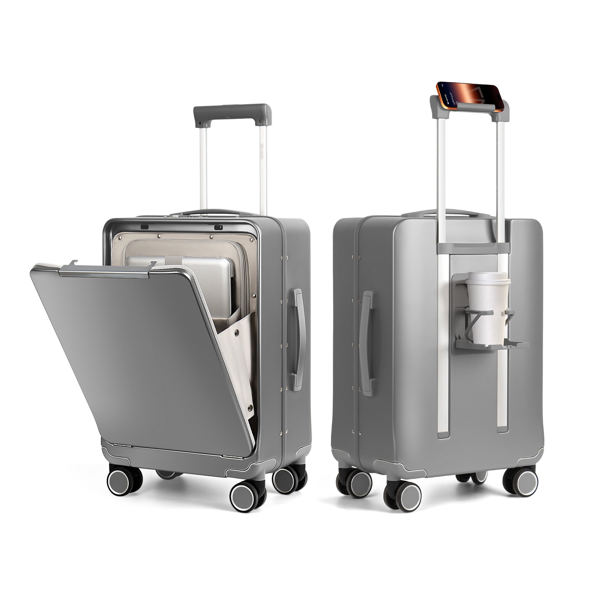 20-Inch Airline Approved Carry On Luggage with Laptop Sleeve, Front Opening, Cup Holder, and Phone Holder, Aluminum Frame Hardside Spinner Suitcase with Tsa Lock