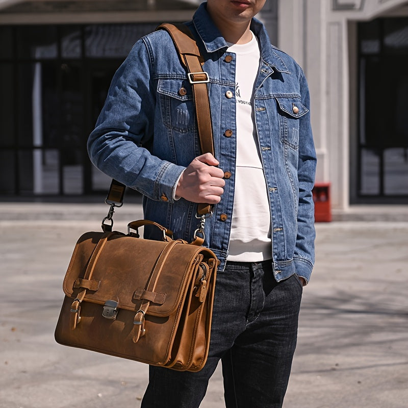 Men's Genuine Leather Briefcase Messenger Bag, Vintage Heavy-Duty Professional Handbag