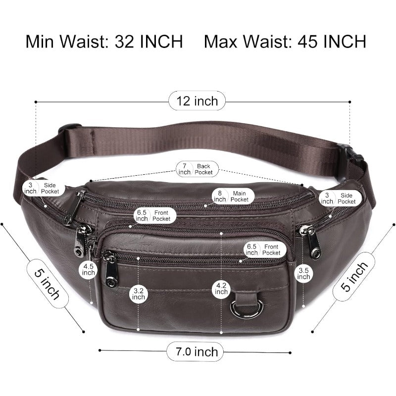 Handmade Genuine Cowhide Belt Bag with Adjustable Strap & -Theft Zipper Pocket - Magnetic Closure, Multiple Compartments, Golden-Tone Hardware, Brown Waist Bag for Men