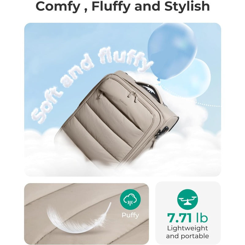 20 Inch Soft Suitcase | Airline Approved, Lightweight Spinner with PVC Wet\Dry Pockets for Short Trip, Camel Color