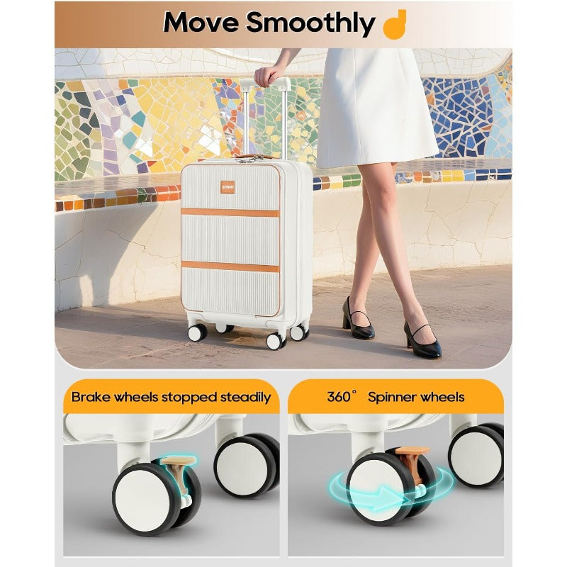 Airline Approved Carry-On Luggage with TSA, Hardside ABS Suitcase, Front Pocket & Cup Holder, Spinner Wheels & Braking System, Laptop Compartment - Lightweight Travel Airplane Compatible for Men & Women (White) 20 Inch