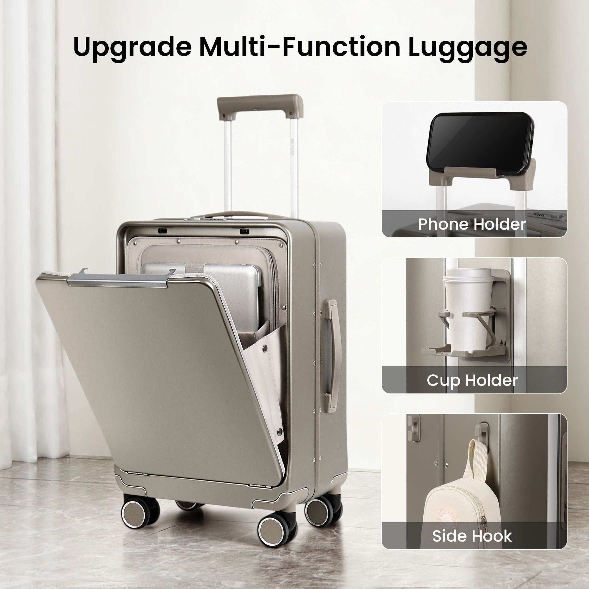 20-Inch Airline Approved Carry On Luggage with Laptop Sleeve, Front Opening, Cup Holder, and Phone Holder, Aluminum Frame Hardside Spinner Suitcase with Tsa Lock