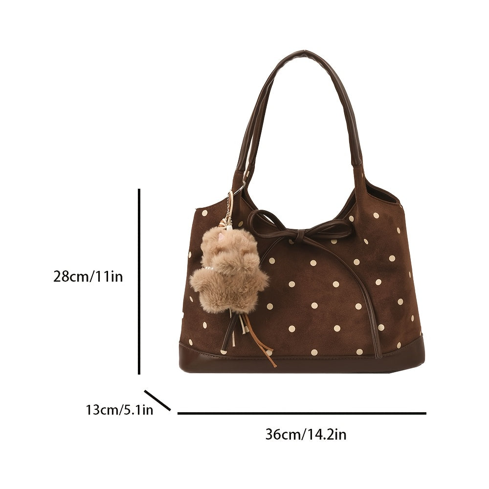 Fashionable Polka Dot Large Capacity Women'S Shoulder Bag | Tote with Fixed Straps, Magnet Closure, Lining, Bow Embellishment