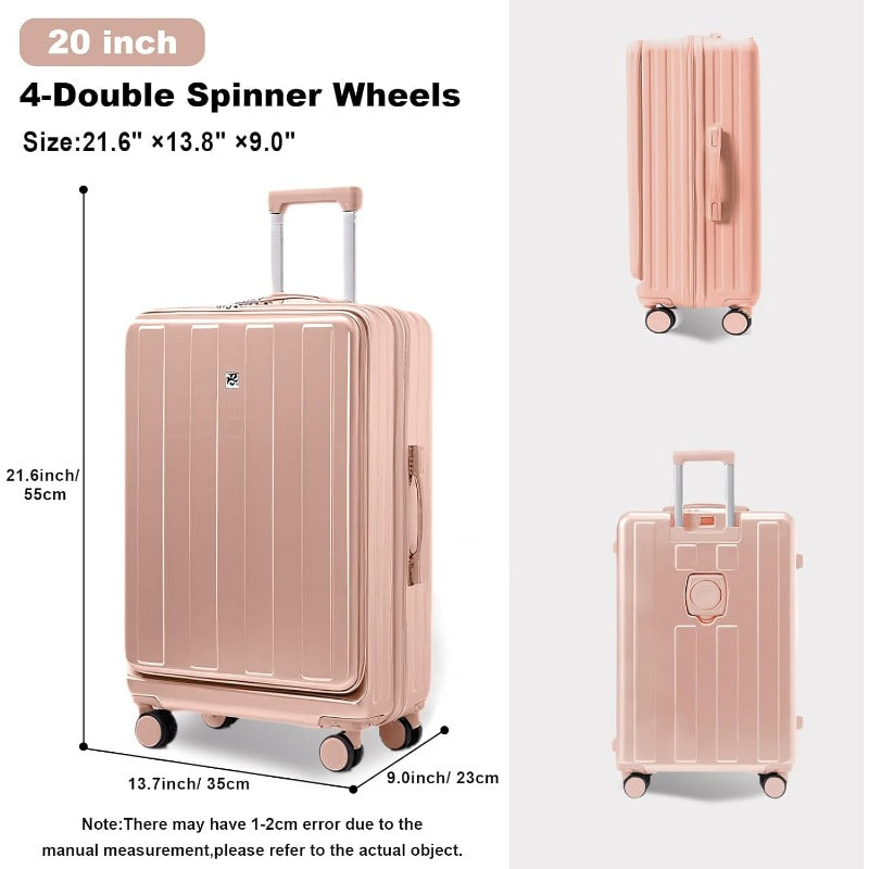 Gets Airline Carry On Luggage with USB Charger & Phone\Cup Holder - ABS+PC Hardshell Suitcase, Front Pocket for laptop, Spinner Wheel Lightweight Travel for Women & Men (Pink)
