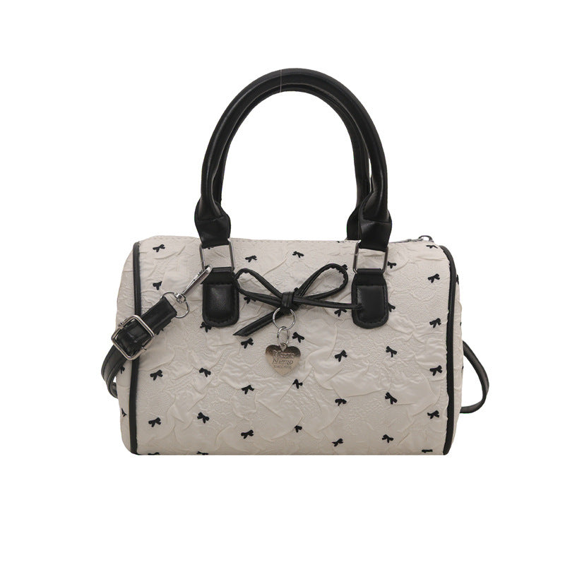 Women'S Korean Style Sweet Bow & Seersucker Handbag - Pastel Pink Nylon with Detachable Strap, Golden-Tone Hardware, Zipper Closure