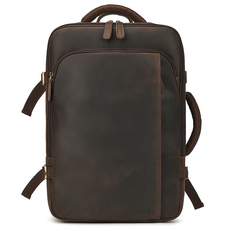 Men's Vintage Crazy Horse Genuine Leather Backpack, 17-Inch Large Capacity Genuine Leather Briefcase, Casual Travel Bag