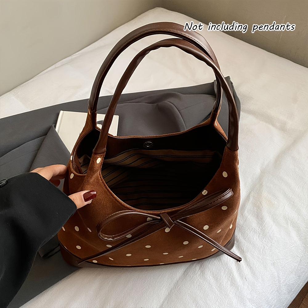 Fashionable Polka Dot Large Capacity Women'S Shoulder Bag | Tote with Fixed Straps, Magnet Closure, Lining, Bow Embellishment