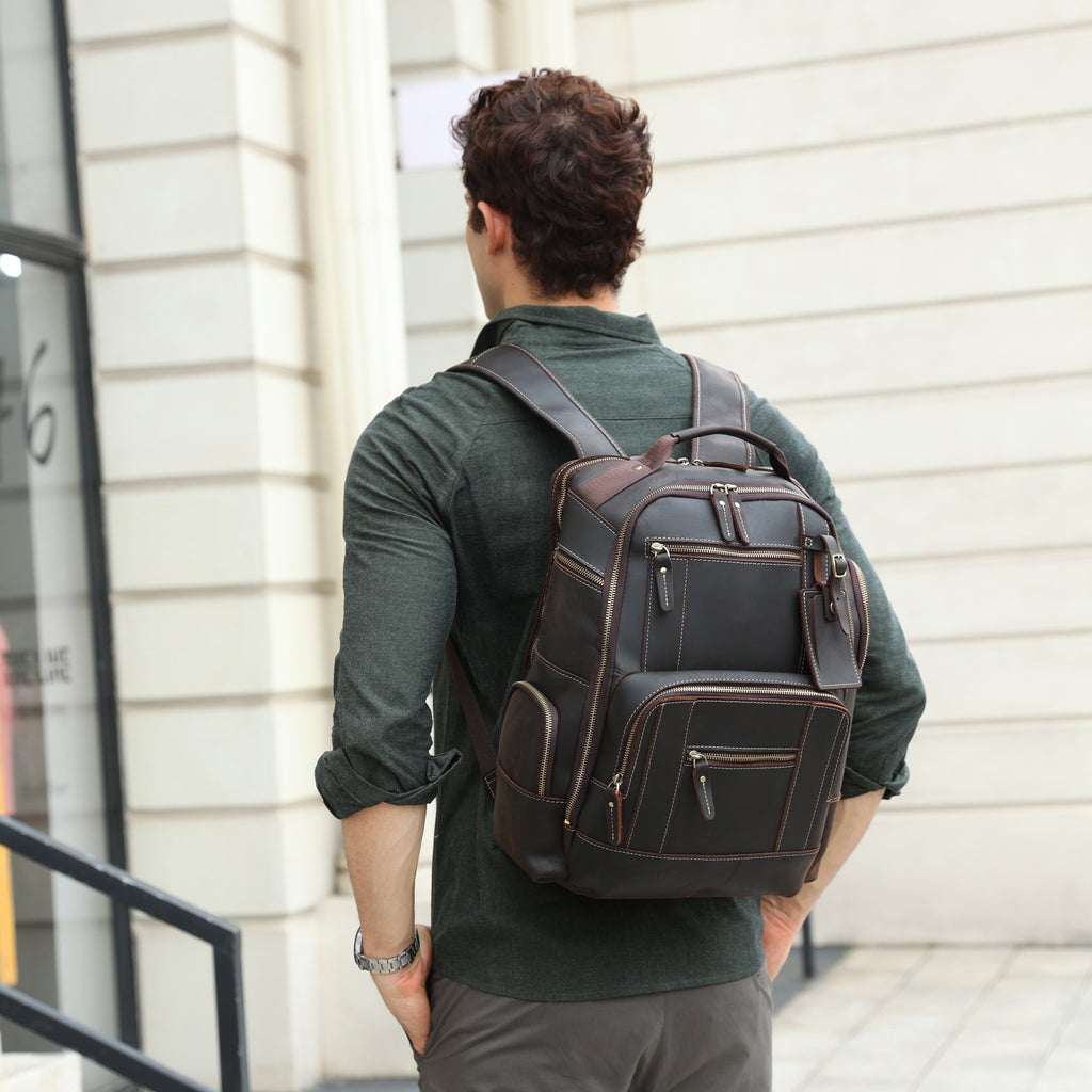 Mens Full Grain Genuine Leather 15.6 Laptop Backpack Large Capacity Weekender Overnight Camping Travel Rucksack 7.93gal