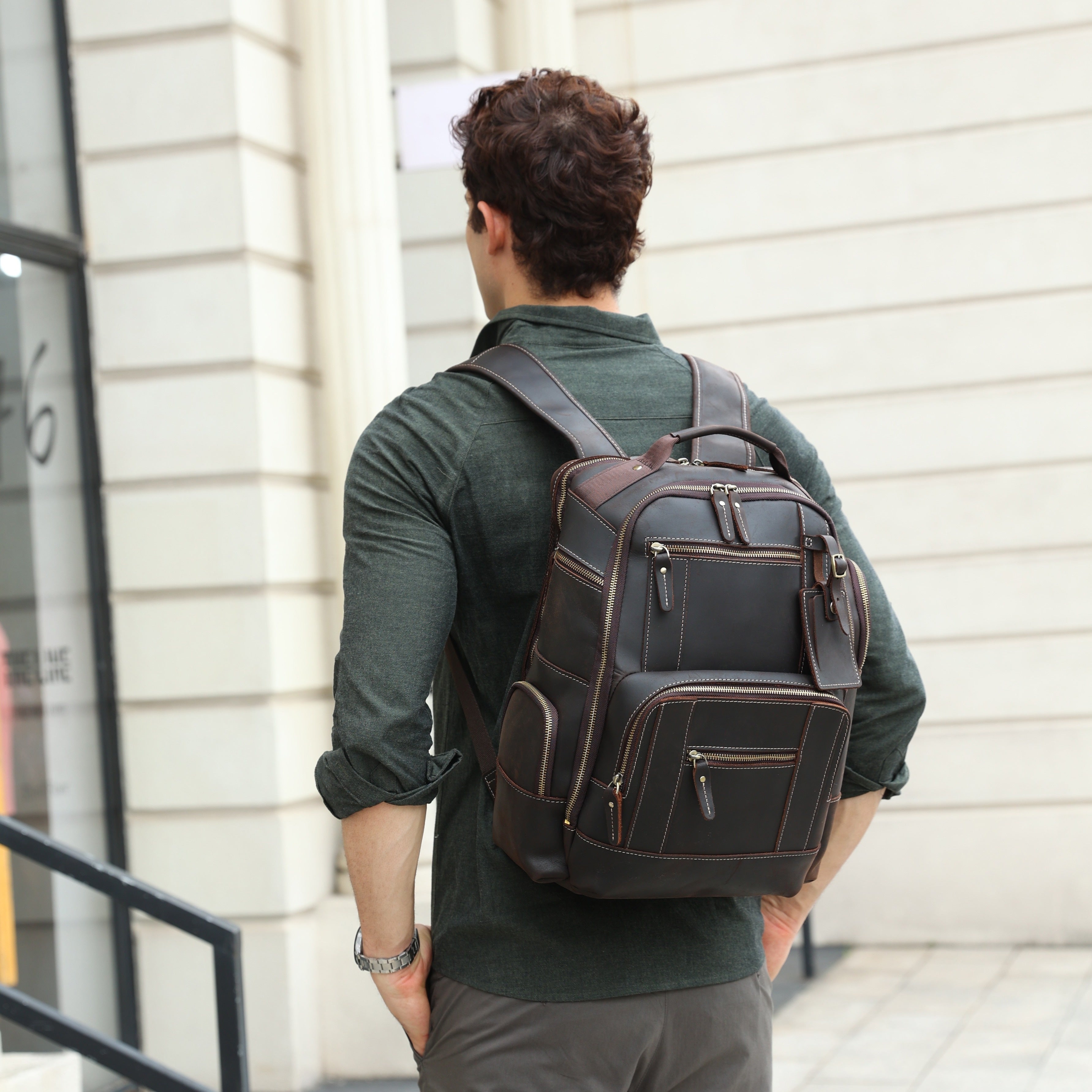 Mens Full Grain Genuine Leather 15.6 Laptop Backpack Large Capacity Weekender Overnight Camping Travel Rucksack 7.93gal