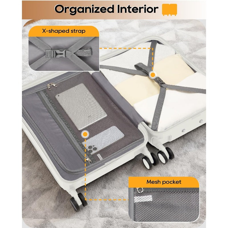 Airline Approved Carry-On Luggage with TSA, Hardside ABS Suitcase, Front Pocket & Cup Holder, Spinner Wheels & Braking System, Laptop Compartment - Lightweight Travel Airplane Compatible for Men & Women (White) 20 Inch