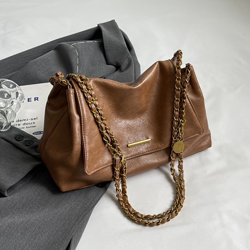 Women's Vintage Tote Bag with Chain Strap - Large Capacity Underarm Shoulder Bag Suitable for Daily Use & Commuting