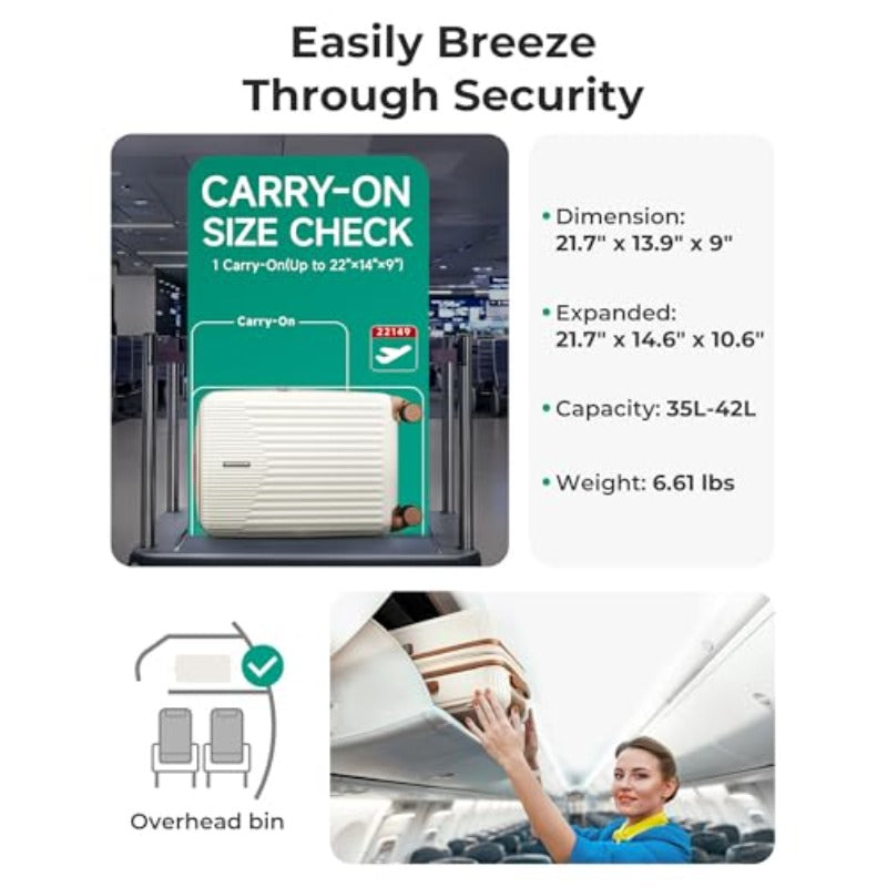 Carry On Luggage 22x14x9 Airline Approved with Spinner Wheels100% PC Hardside Expandable Luggage with TSA Lock for Trips 20 Inch Rolling Suitcases for Men Women Beige