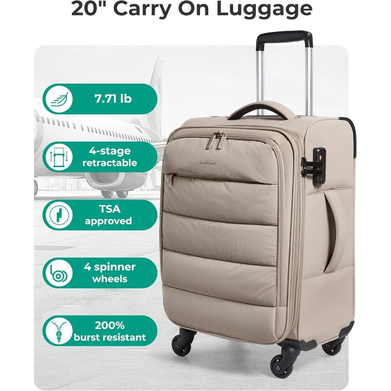 20 Inch Soft Suitcase | Airline Approved, Lightweight Spinner with PVC Wet\Dry Pockets for Short Trip, Camel Color