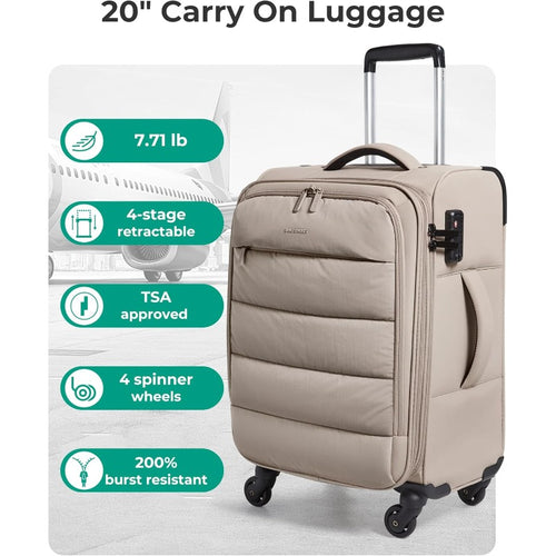 20 Inch Soft Suitcase | Airline Approved, Lightweight Spinner with PVC Wet\Dry Pockets for Short Trip, Camel Color