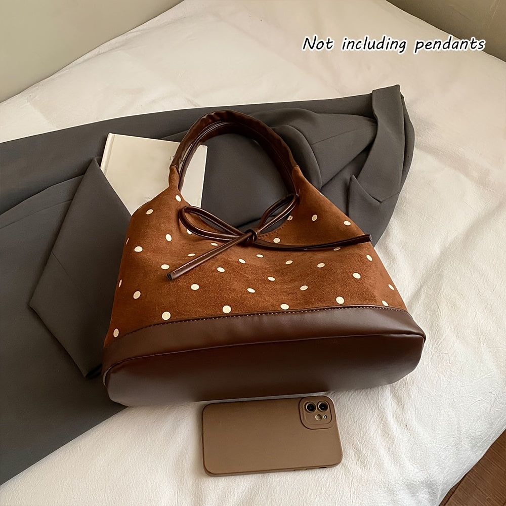 Fashionable Polka Dot Large Capacity Women'S Shoulder Bag | Tote with Fixed Straps, Magnet Closure, Lining, Bow Embellishment