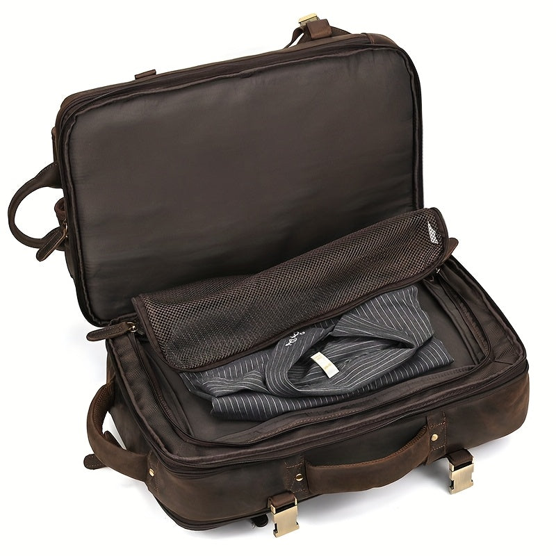 Men's Vintage Crazy Horse Genuine Leather Backpack, 17-Inch Large Capacity Genuine Leather Briefcase, Casual Travel Bag