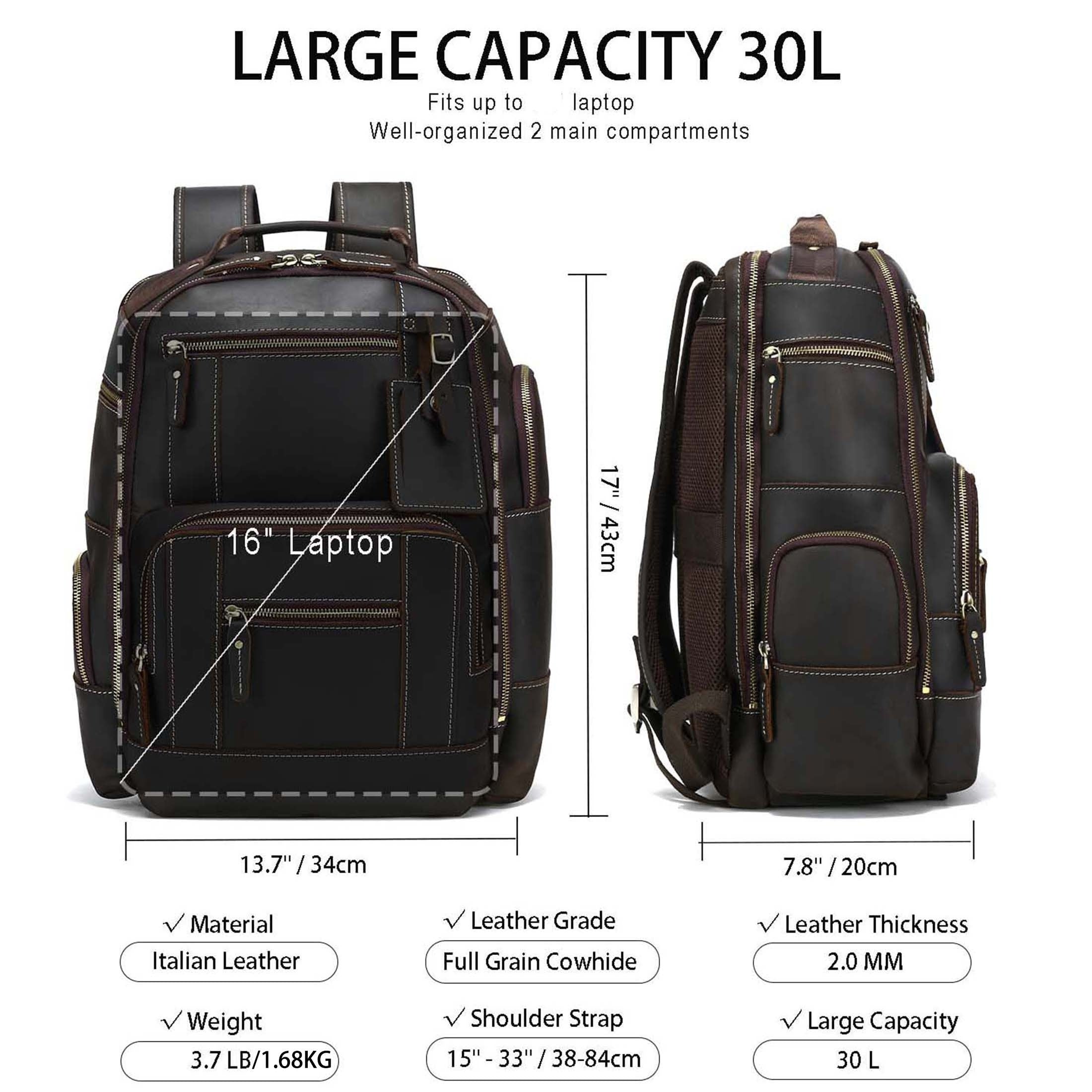 Mens Full Grain Genuine Leather 15.6 Laptop Backpack Large Capacity Weekender Overnight Camping Travel Rucksack 7.93gal