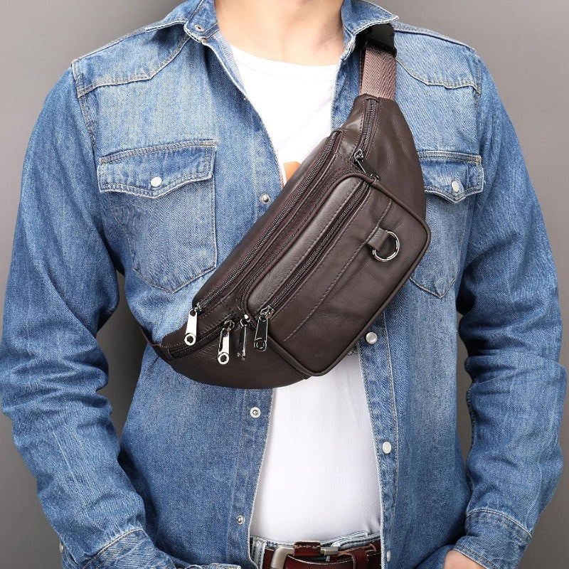 Handmade Genuine Cowhide Belt Bag with Adjustable Strap & -Theft Zipper Pocket - Magnetic Closure, Multiple Compartments, Golden-Tone Hardware, Brown Waist Bag for Men