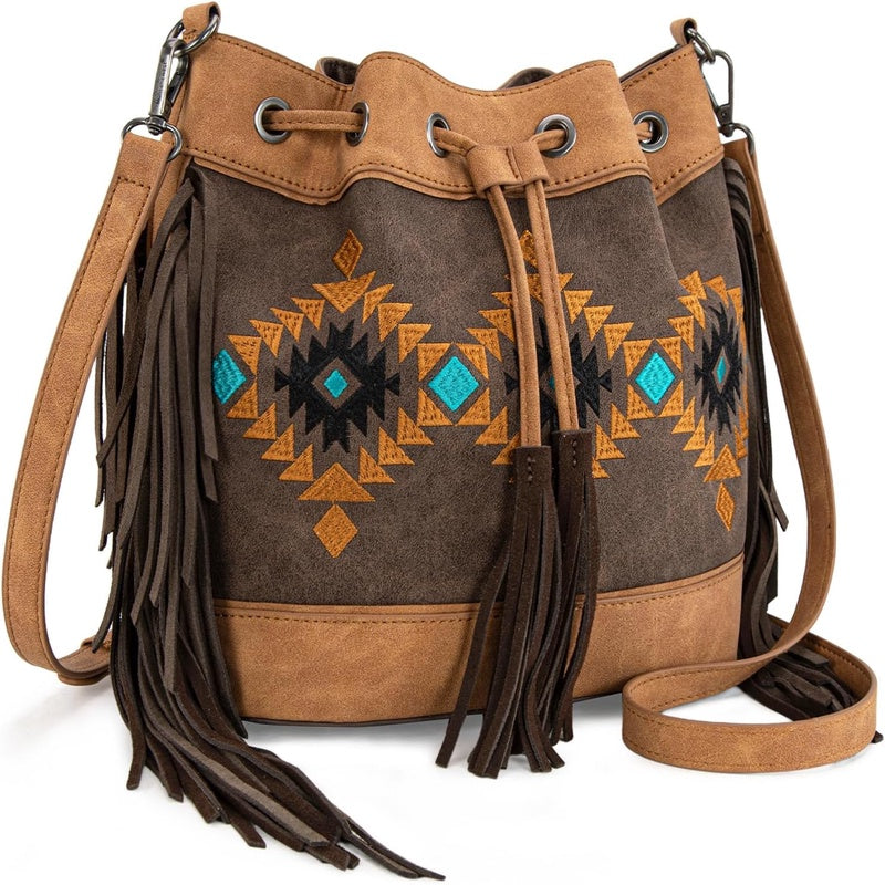 Montana West Aztec Bucket Bags for Women - Western Fringe Crossbody Vintage Drawstring Design