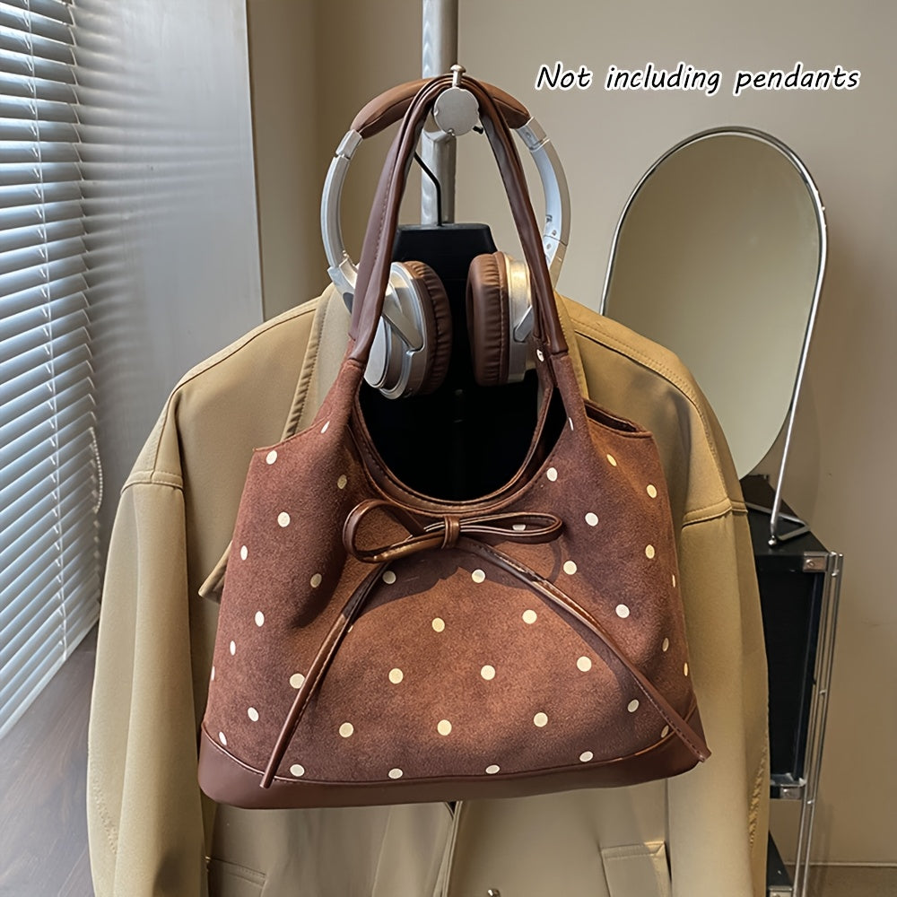 Fashionable Polka Dot Large Capacity Women'S Shoulder Bag | Tote with Fixed Straps, Magnet Closure, Lining, Bow Embellishment