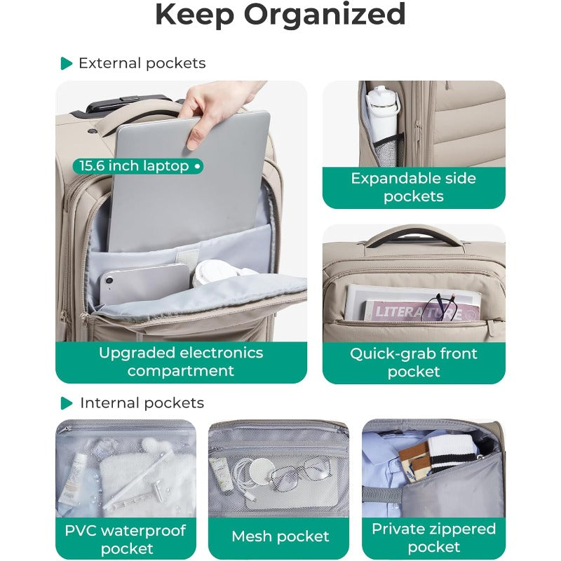 20 Inch Soft Suitcase | Airline Approved, Lightweight Spinner with PVC Wet\Dry Pockets for Short Trip, Camel Color