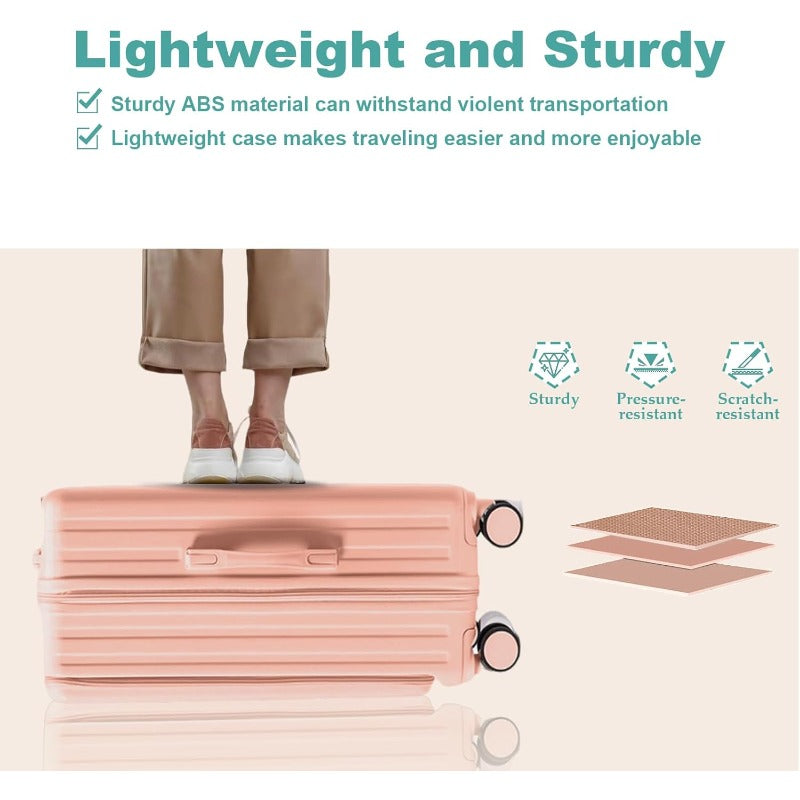 Gets Airline Carry On Luggage with USB Charger & Phone\Cup Holder - ABS+PC Hardshell Suitcase, Front Pocket for laptop, Spinner Wheel Lightweight Travel for Women & Men (Pink)