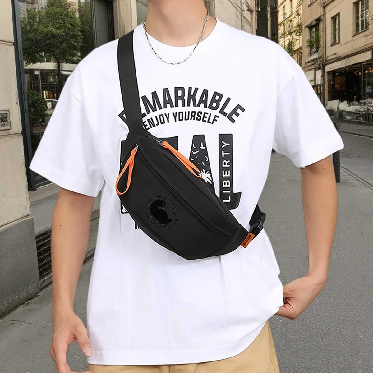 A Doni Burke Print Neutral Crossbody Bag | Adjustable Shoulder Straps, Zipper Closure, Casual Waist Bag