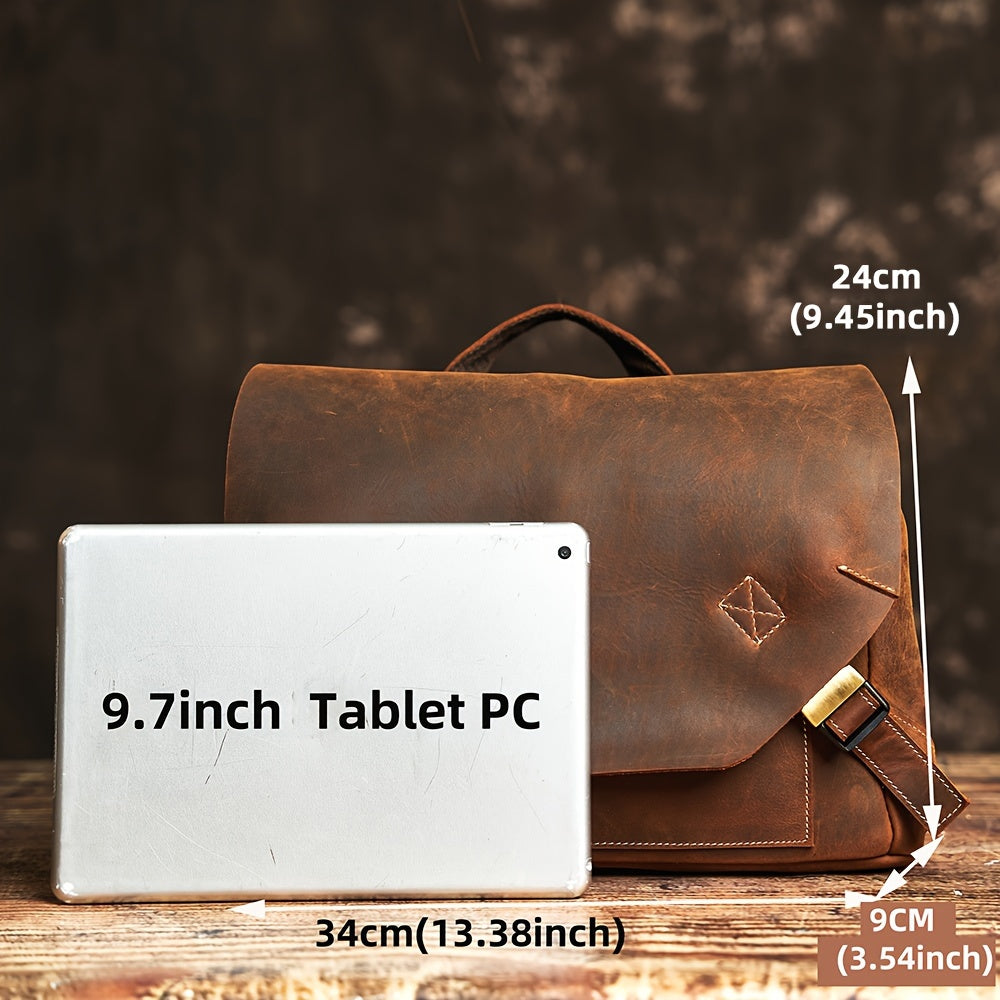 Crazy Horse Leather Men'S Vintage Messenger Bag, Can Be Carried by Hand Or Worn As a Casual Shoulder Crossbody Bag