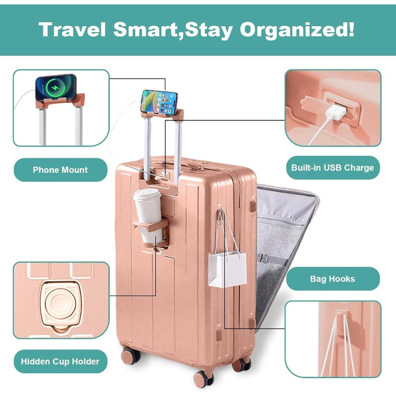 Gets Airline Carry On Luggage with USB Charger & Phone\Cup Holder - ABS+PC Hardshell Suitcase, Front Pocket for laptop, Spinner Wheel Lightweight Travel for Women & Men (Pink)