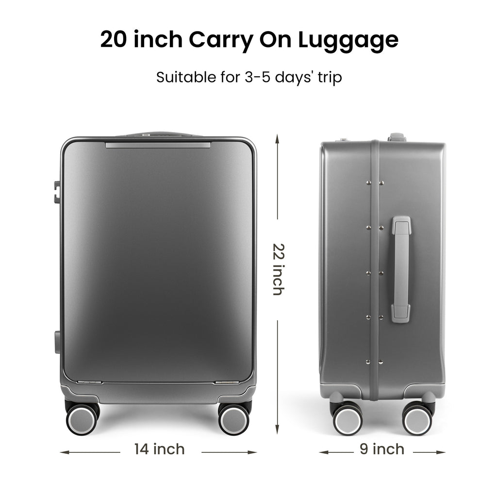 20-Inch Airline Approved Carry On Luggage with Laptop Sleeve, Front Opening, Cup Holder, and Phone Holder, Aluminum Frame Hardside Spinner Suitcase with Tsa Lock