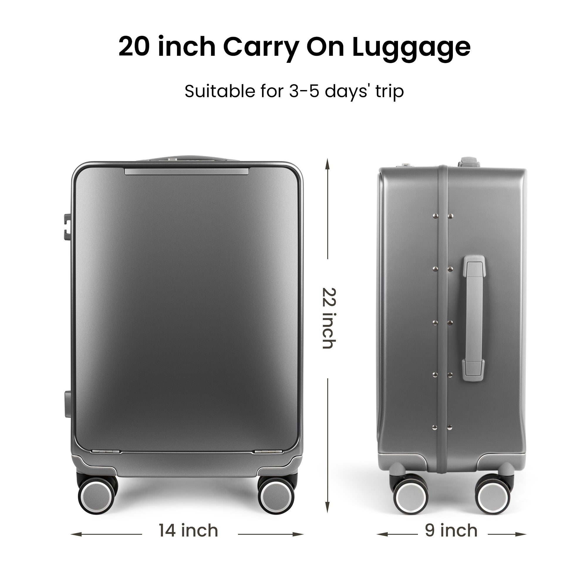 20-Inch Airline Approved Carry On Luggage with Laptop Sleeve, Front Opening, Cup Holder, and Phone Holder, Aluminum Frame Hardside Spinner Suitcase with Tsa Lock