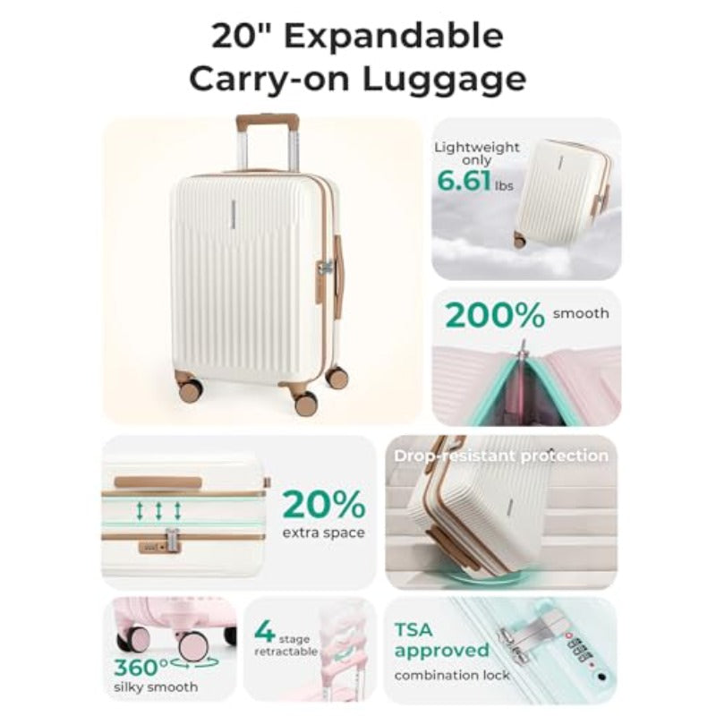 Carry On Luggage 22x14x9 Airline Approved with Spinner Wheels100% PC Hardside Expandable Luggage with TSA Lock for Trips 20 Inch Rolling Suitcases for Men Women Beige