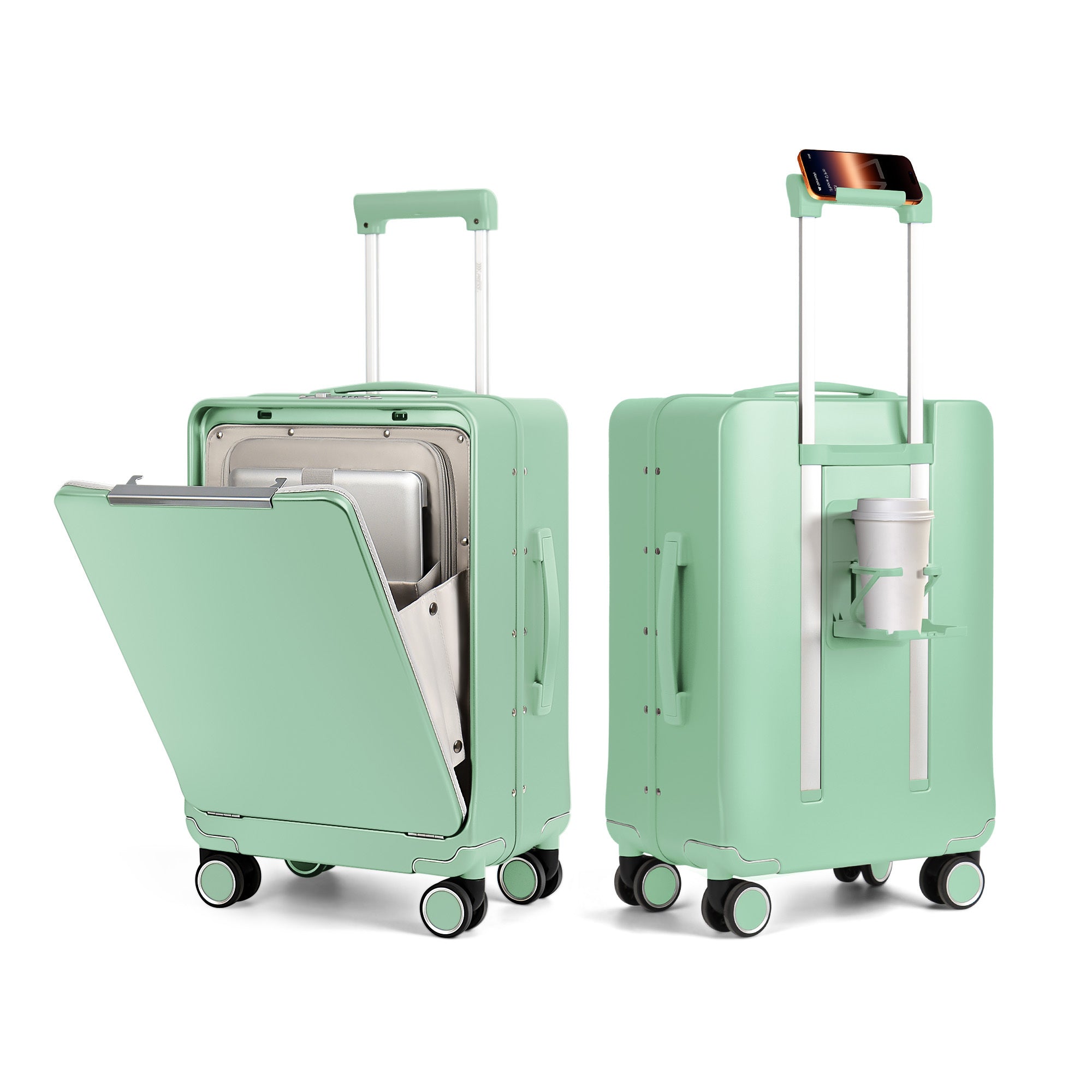 20-Inch Airline Approved Carry On Luggage with Laptop Sleeve, Front Opening, Cup Holder, and Phone Holder, Aluminum Frame Hardside Spinner Suitcase with Tsa Lock