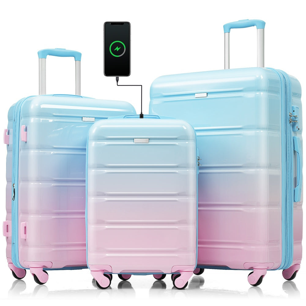 Luggage Set of 3, 20-inch with USB Port, Airline Certified Carry-on Luggage, ABS+PC Hard Shell Luggage with Spinner Wheels