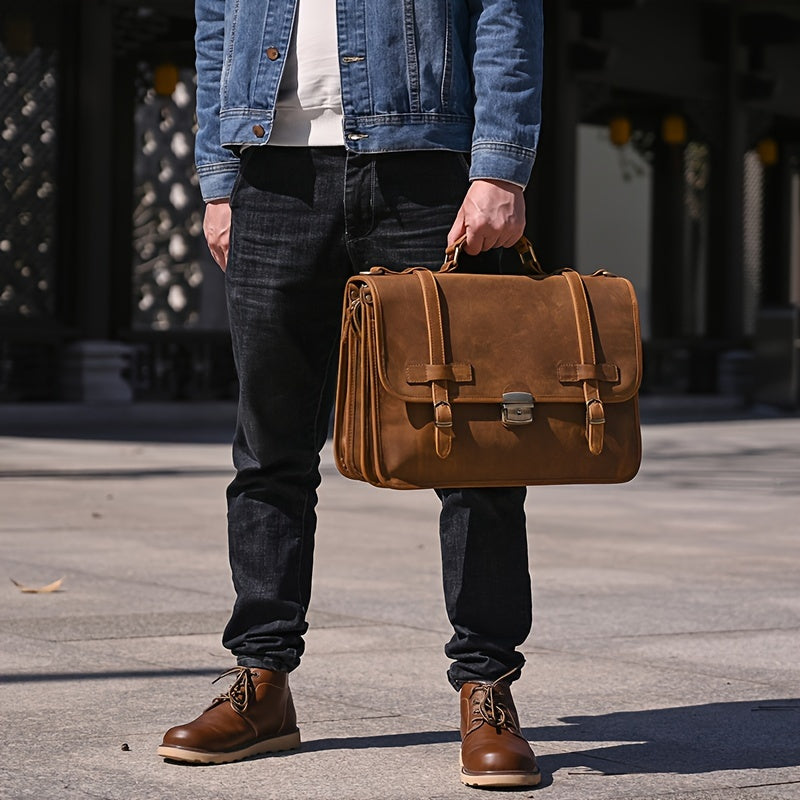 Men's Genuine Leather Briefcase Messenger Bag, Vintage Heavy-Duty Professional Handbag