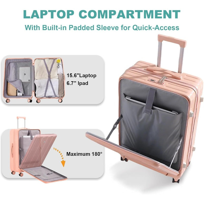 Gets Airline Carry On Luggage with USB Charger & Phone\Cup Holder - ABS+PC Hardshell Suitcase, Front Pocket for laptop, Spinner Wheel Lightweight Travel for Women & Men (Pink)