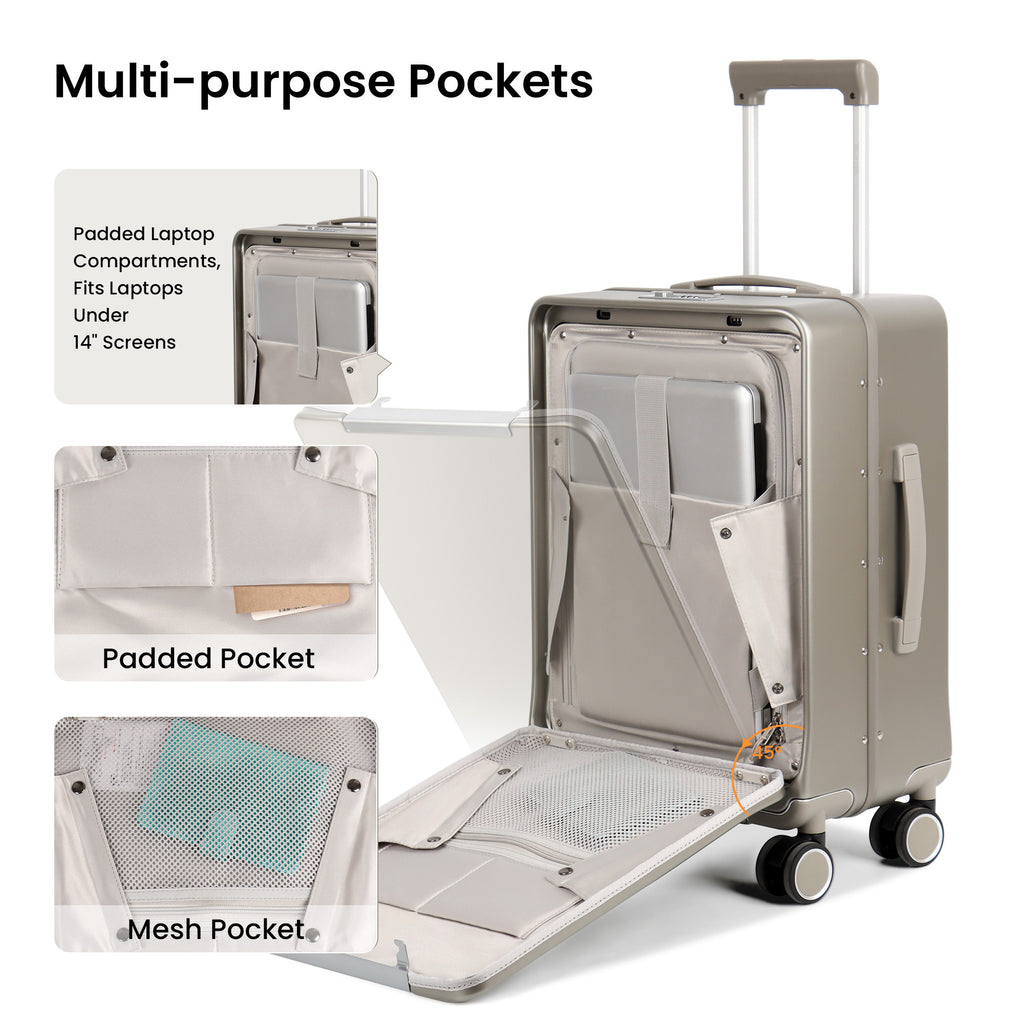 20-Inch Airline Approved Carry On Luggage with Laptop Sleeve, Front Opening, Cup Holder, and Phone Holder, Aluminum Frame Hardside Spinner Suitcase with Tsa Lock
