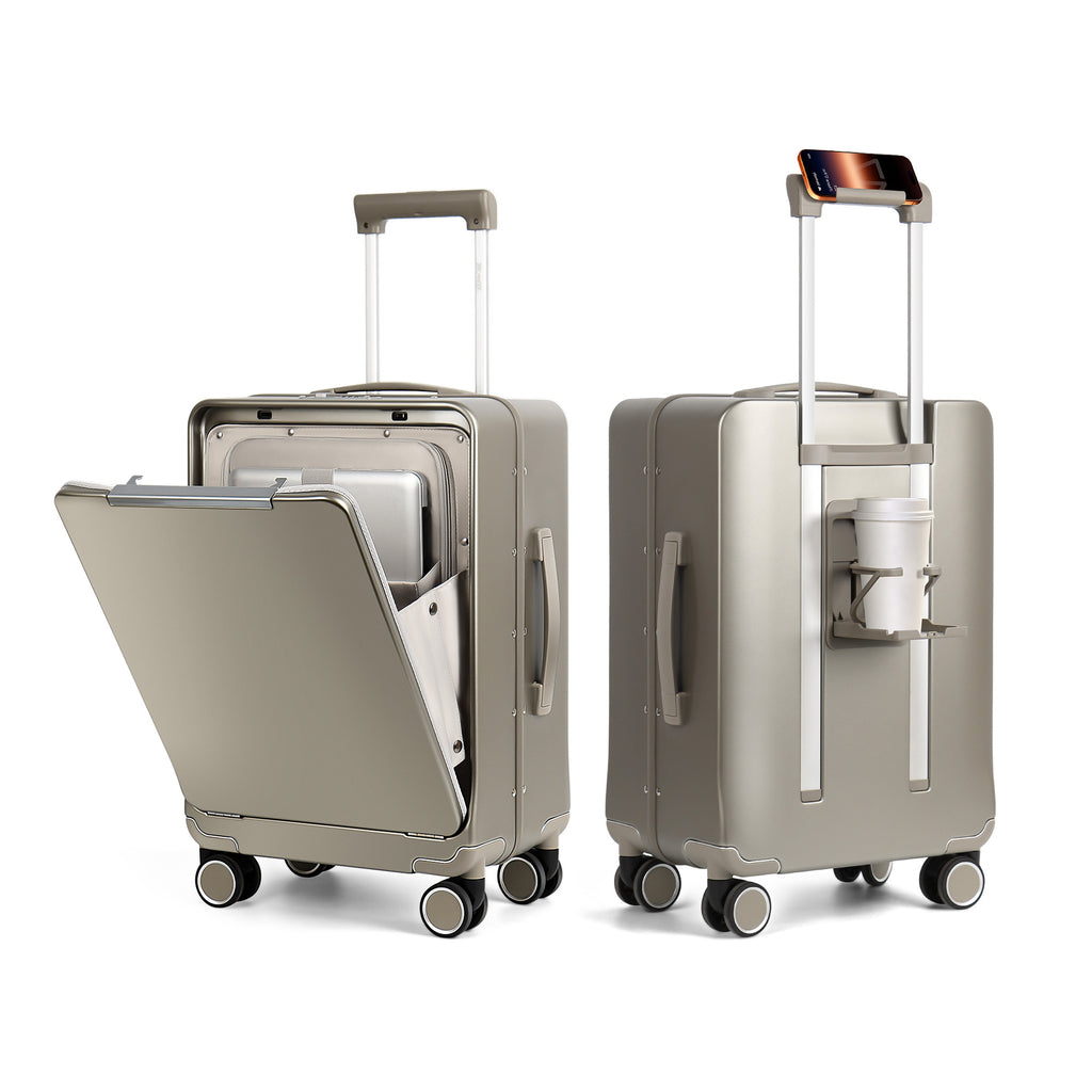 20-Inch Airline Approved Carry On Luggage with Laptop Sleeve, Front Opening, Cup Holder, and Phone Holder, Aluminum Frame Hardside Spinner Suitcase with Tsa Lock