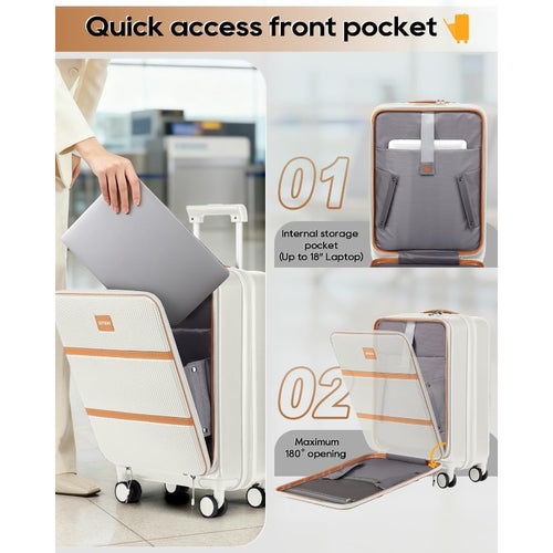 Airline Approved Carry-On Luggage with TSA, Hardside ABS Suitcase, Front Pocket & Cup Holder, Spinner Wheels & Braking System, Laptop Compartment - Lightweight Travel Airplane Compatible for Men & Women (White) 20 Inch