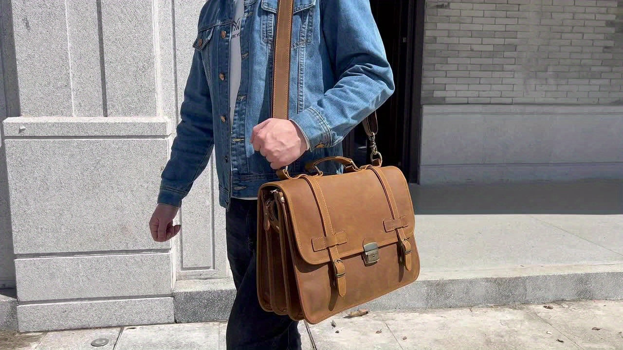 Men's Genuine Leather Briefcase Messenger Bag, Vintage Heavy-Duty Professional Handbag