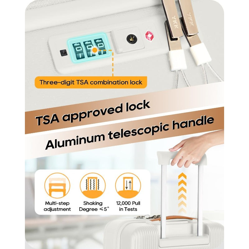 Airline Approved Carry-On Luggage with TSA, Hardside ABS Suitcase, Front Pocket & Cup Holder, Spinner Wheels & Braking System, Laptop Compartment - Lightweight Travel Airplane Compatible for Men & Women (White) 20 Inch