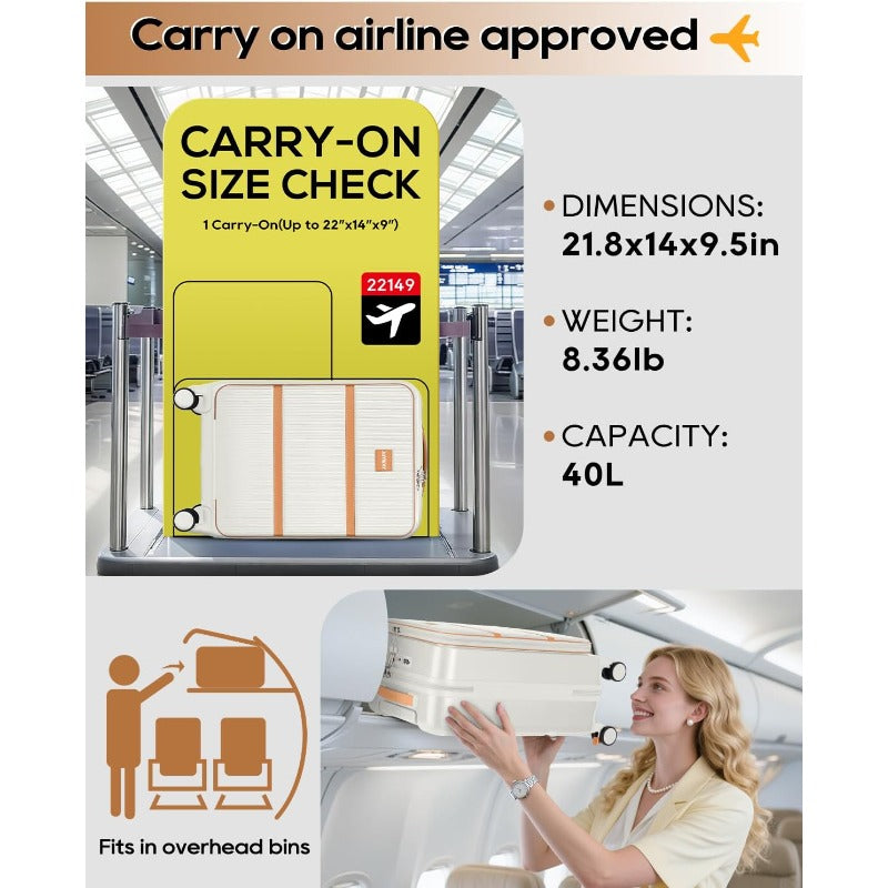 Airline Approved Carry-On Luggage with TSA, Hardside ABS Suitcase, Front Pocket & Cup Holder, Spinner Wheels & Braking System, Laptop Compartment - Lightweight Travel Airplane Compatible for Men & Women (White) 20 Inch