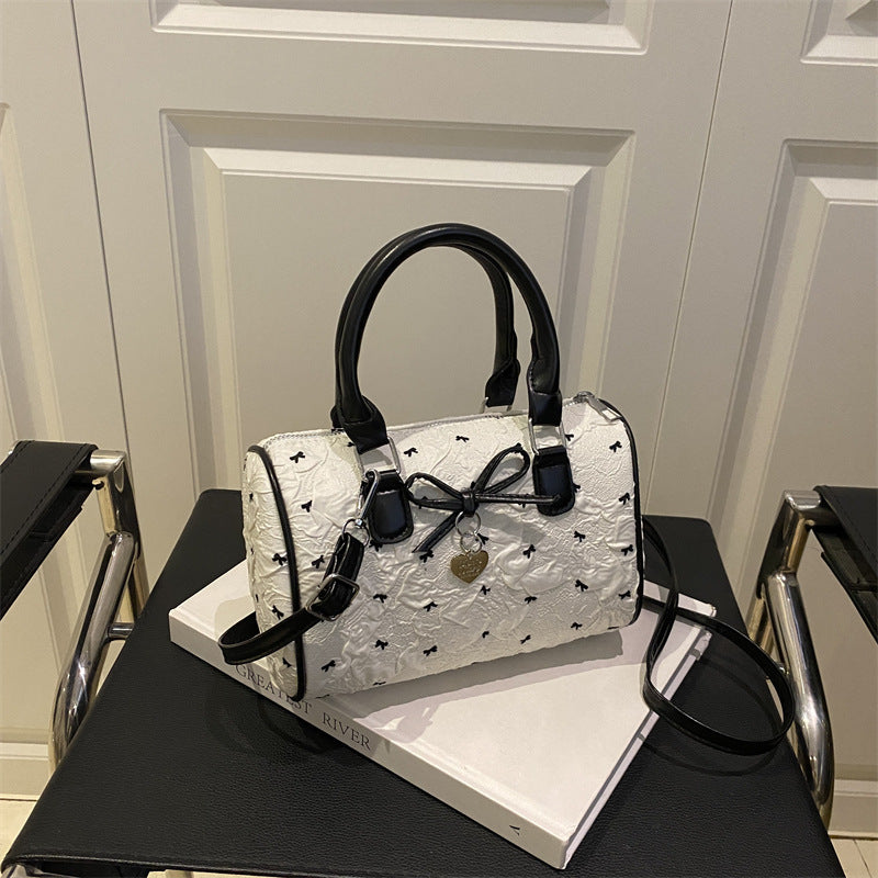 Women'S Korean Style Sweet Bow & Seersucker Handbag - Pastel Pink Nylon with Detachable Strap, Golden-Tone Hardware, Zipper Closure