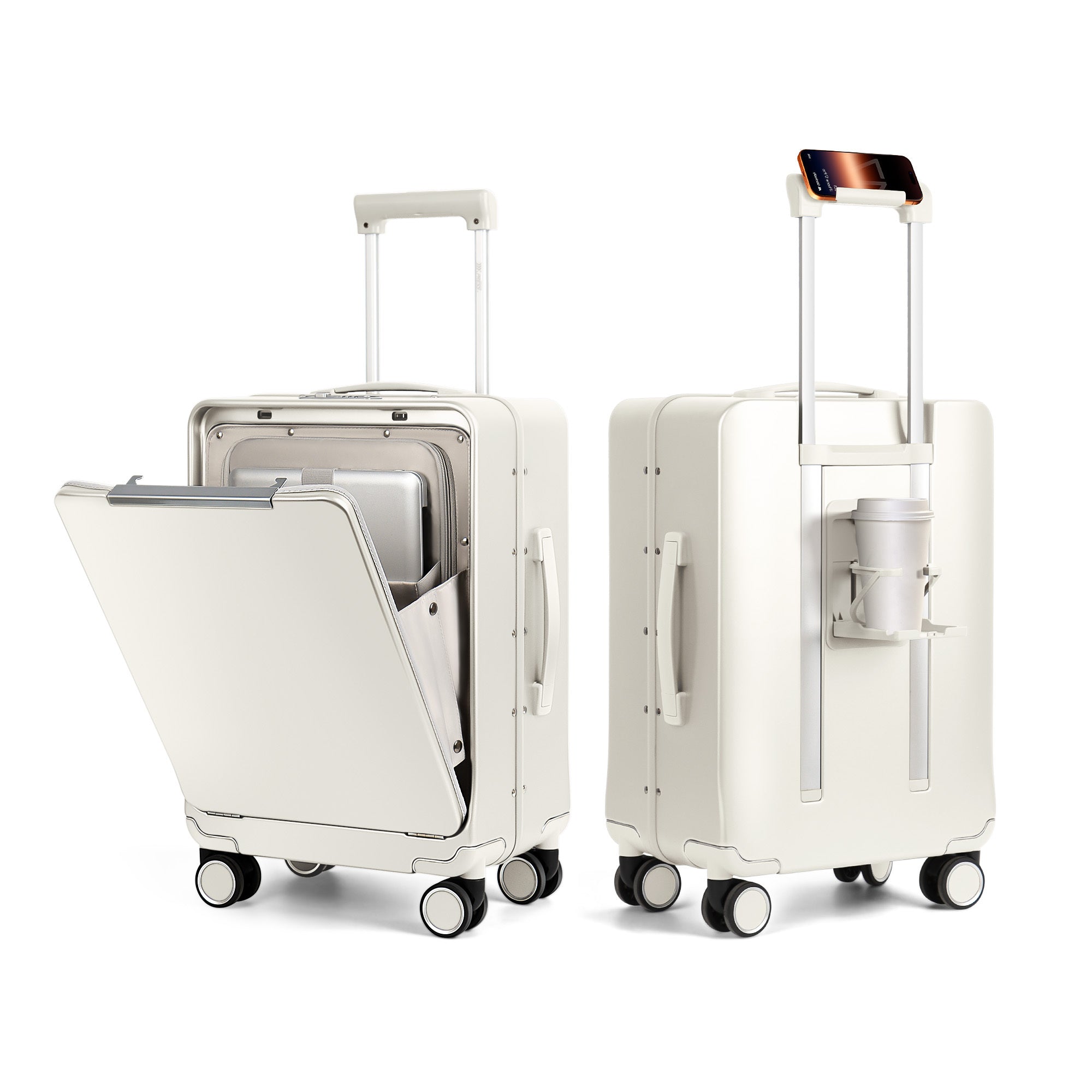 20-Inch Airline Approved Carry On Luggage with Laptop Sleeve, Front Opening, Cup Holder, and Phone Holder, Aluminum Frame Hardside Spinner Suitcase with Tsa Lock