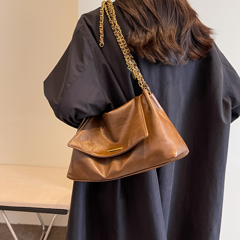 Women's Vintage Tote Bag with Chain Strap - Large Capacity Underarm Shoulder Bag Suitable for Daily Use & Commuting