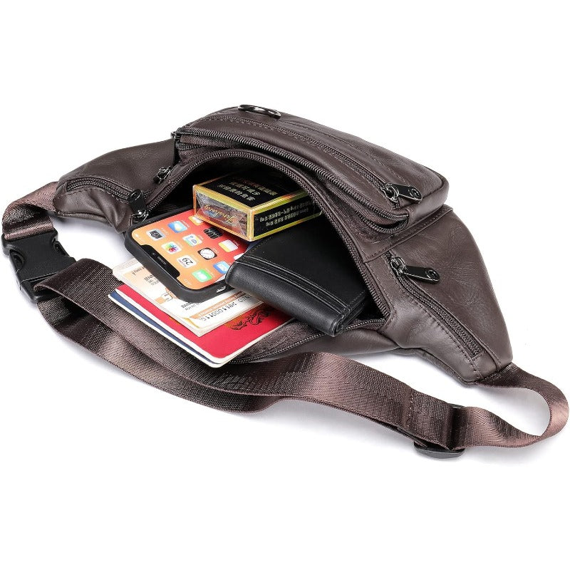 Handmade Genuine Cowhide Belt Bag with Adjustable Strap & -Theft Zipper Pocket - Magnetic Closure, Multiple Compartments, Golden-Tone Hardware, Brown Waist Bag for Men