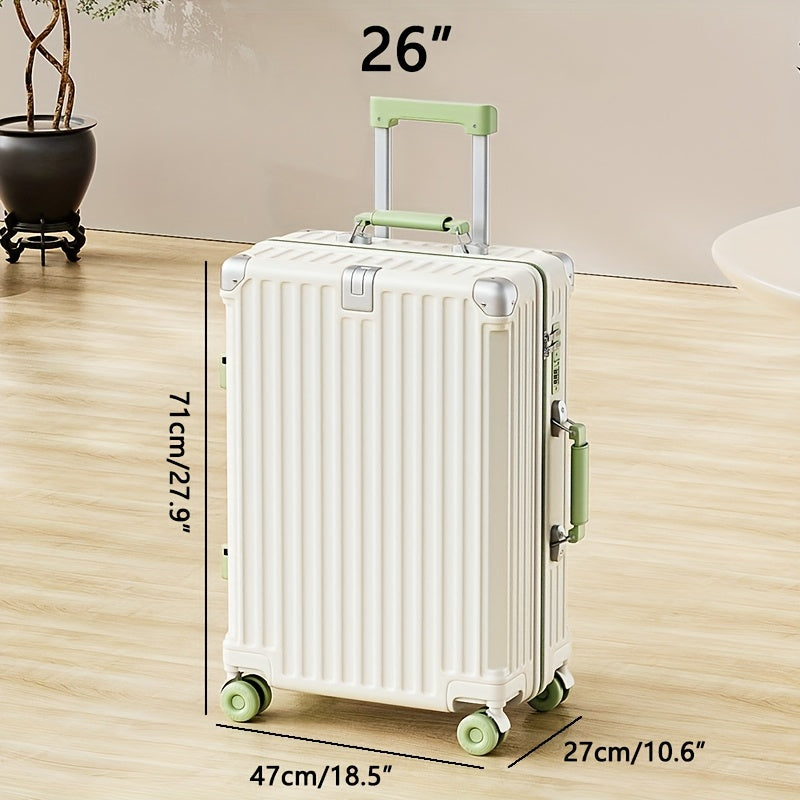1pc 26-inch Large Capacity Fashionable Suitcase with Foldable Cup Holder, Alloy Corner Protection, Durable PC Shell, 360° Silent PE Spinner Wheels, Side Handle